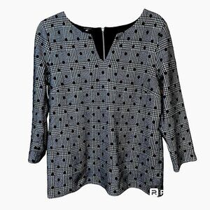 Talbots Gray Houndstooth Polka Dot Blouse Zip Back Timeless Workwear Top Size M